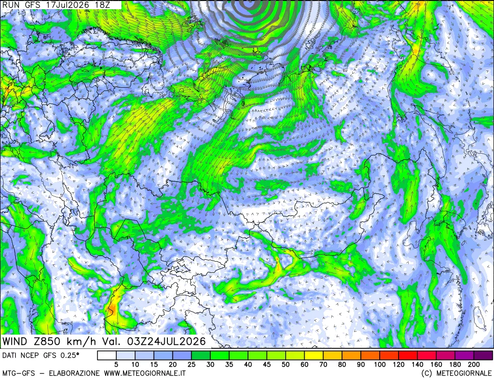 mappa 850 hPa Vento forza e direzione