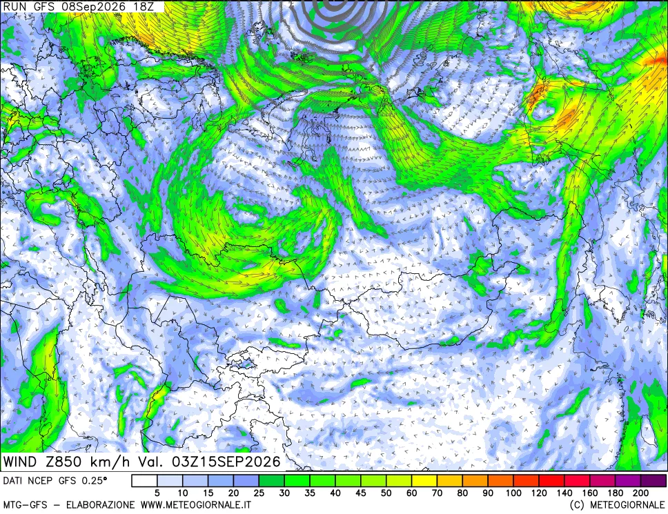mappa 850 hPa Vento forza e direzione