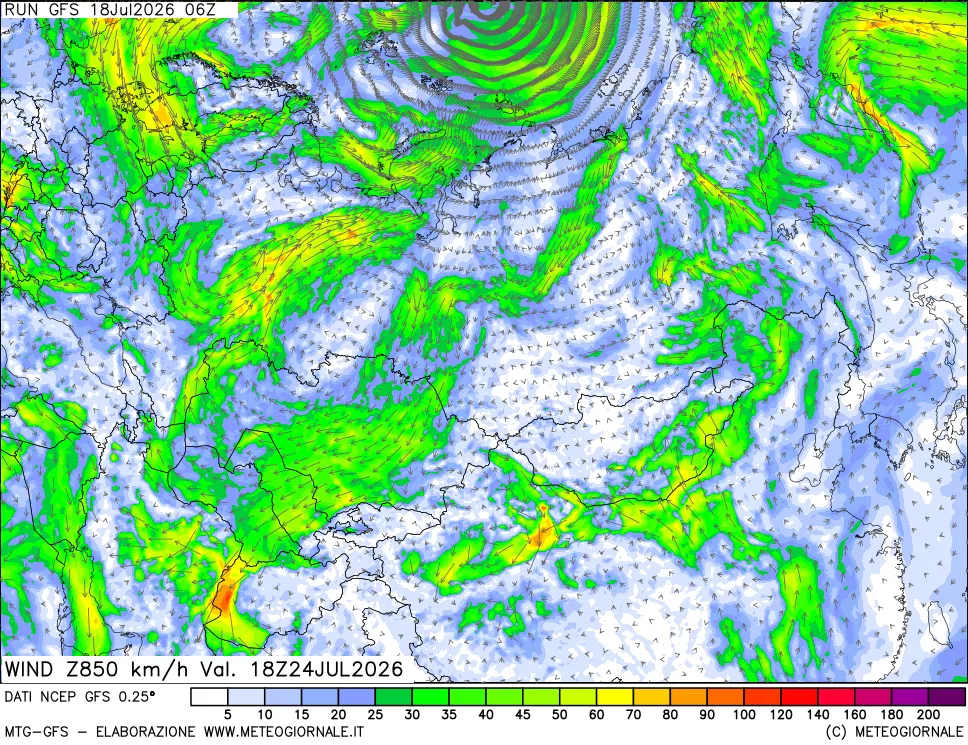 mappa 850 hPa Vento forza e direzione