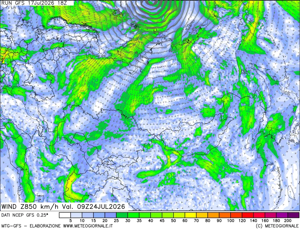 mappa 850 hPa Vento forza e direzione