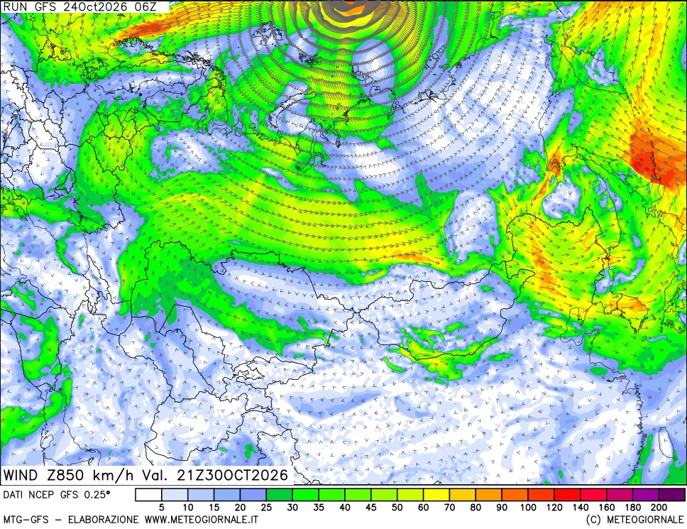 mappa 850 hPa Vento forza e direzione