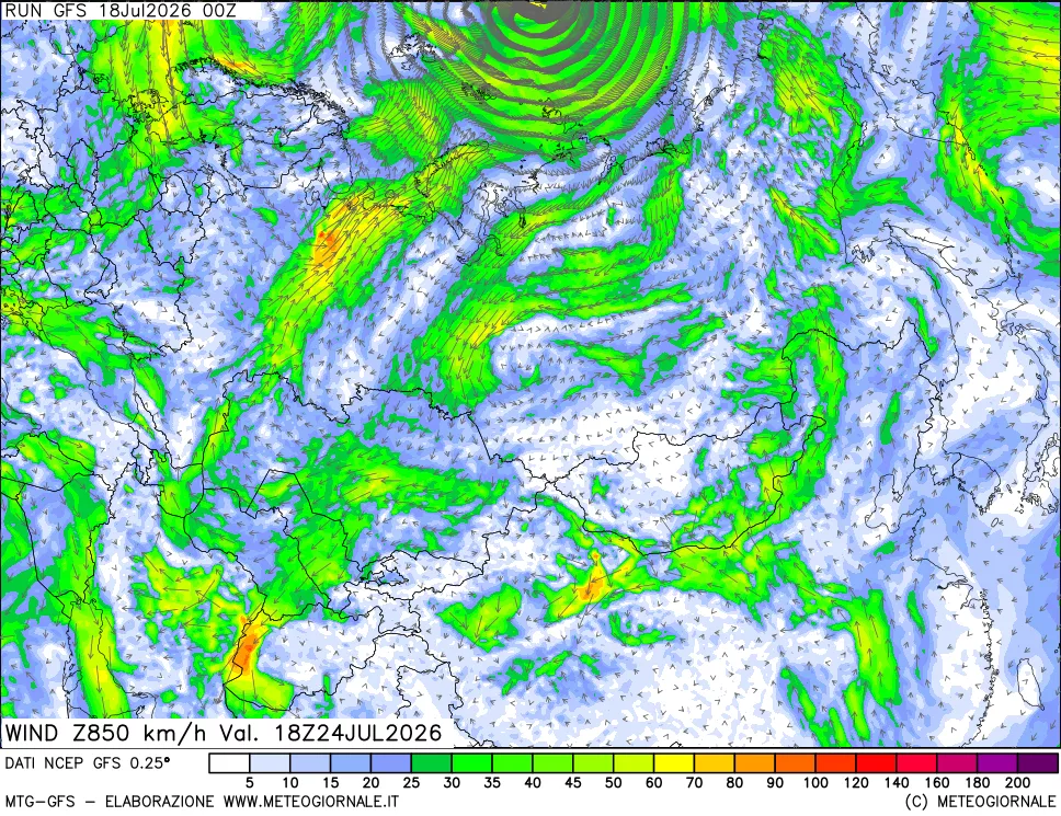 mappa 850 hPa Vento forza e direzione