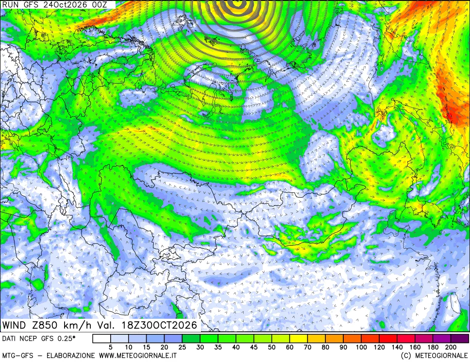 mappa 850 hPa Vento forza e direzione