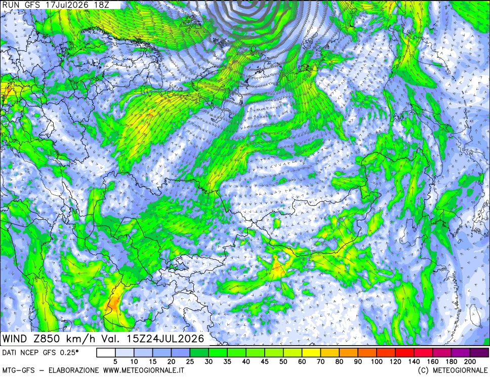 mappa 850 hPa Vento forza e direzione