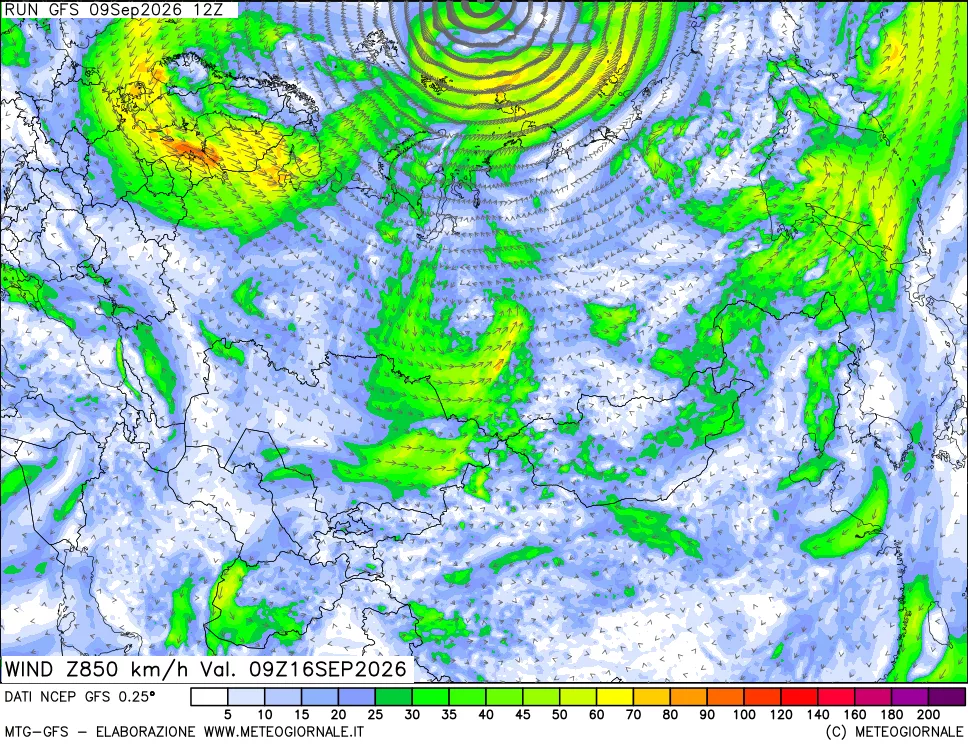 mappa 850 hPa Vento forza e direzione
