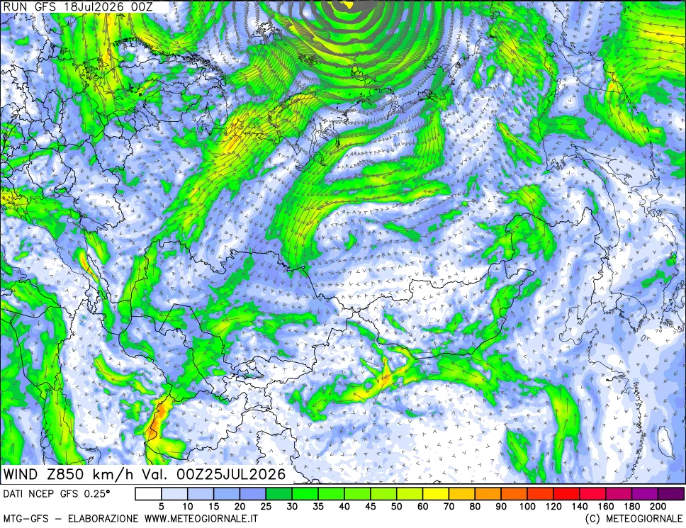 mappa 850 hPa Vento forza e direzione