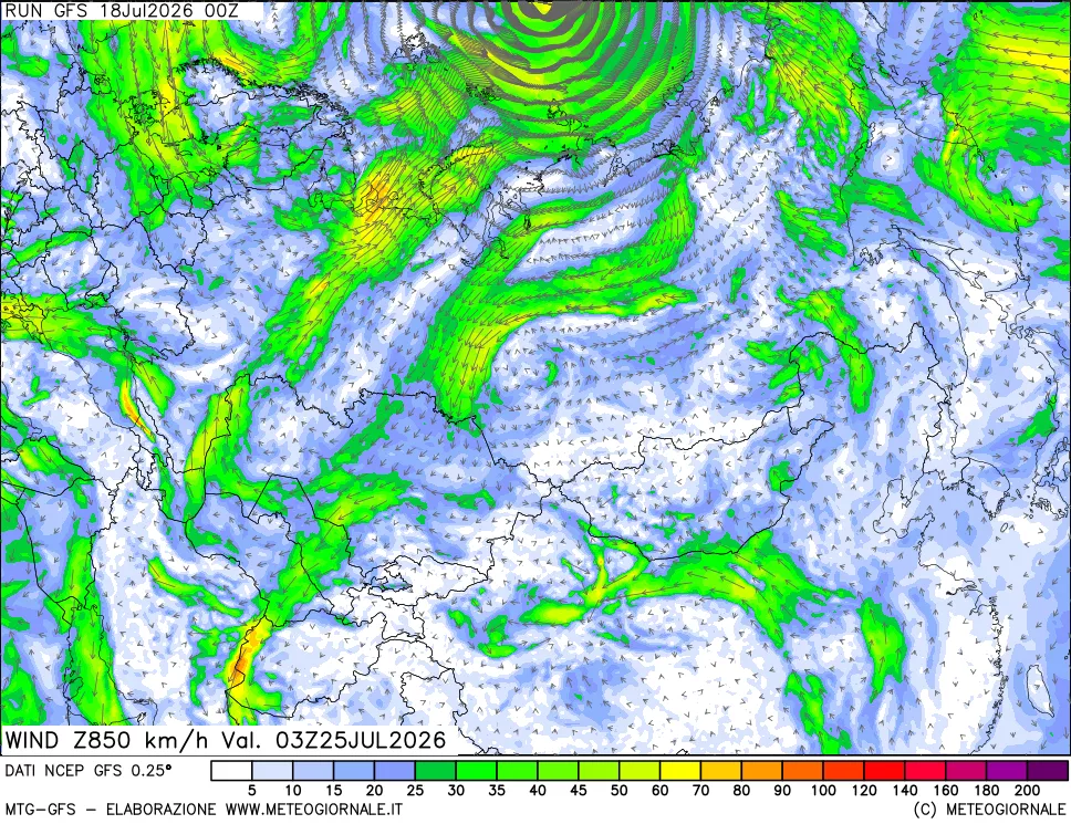 mappa 850 hPa Vento forza e direzione