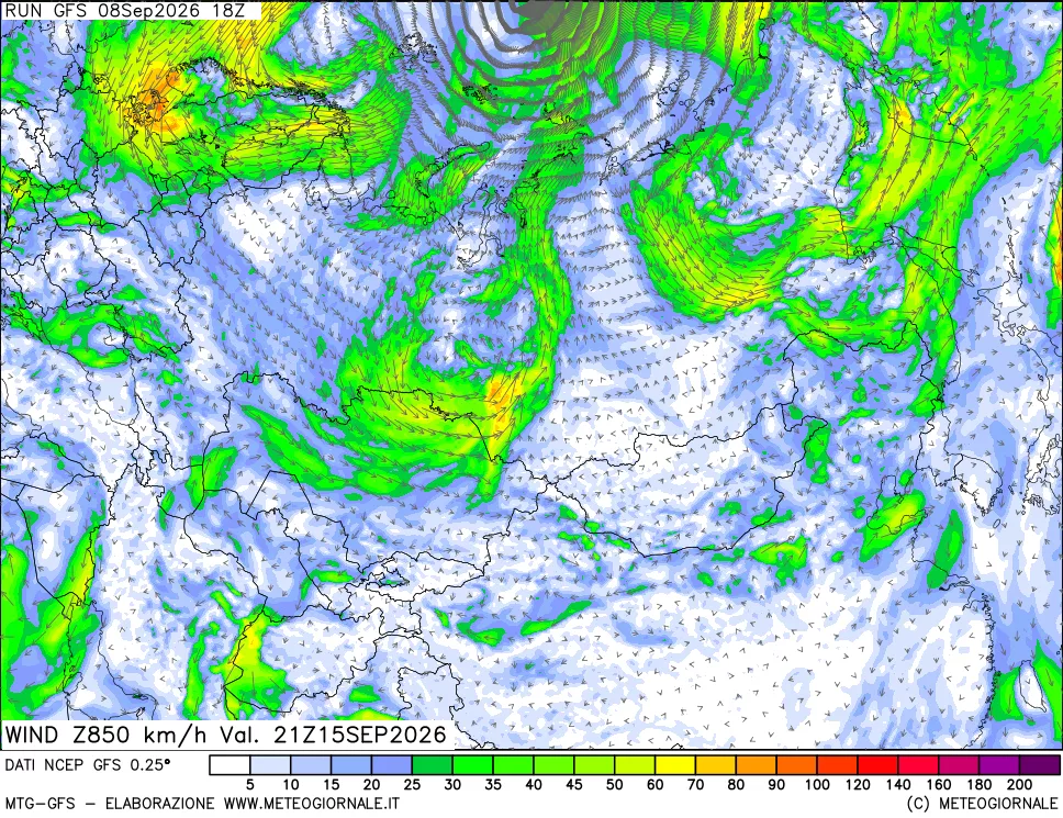 mappa 850 hPa Vento forza e direzione