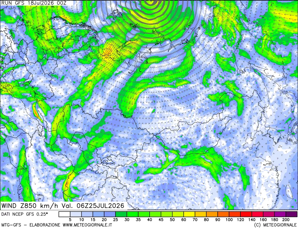 mappa 850 hPa Vento forza e direzione