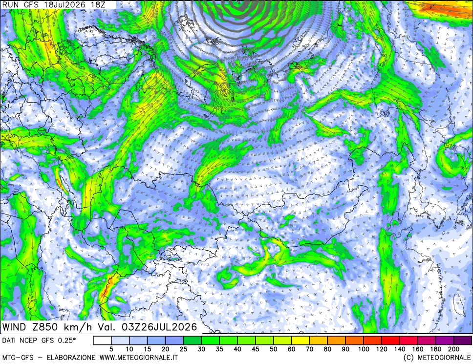 mappa 850 hPa Vento forza e direzione