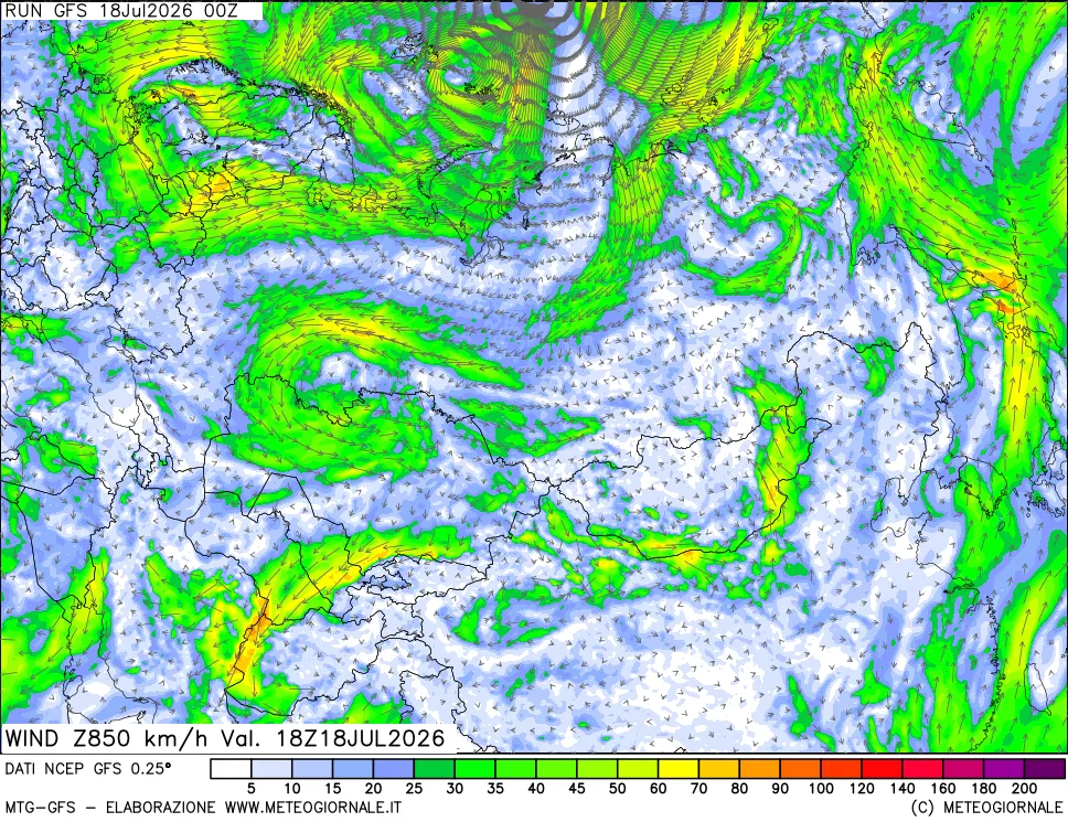 mappa 850 hPa Vento forza e direzione