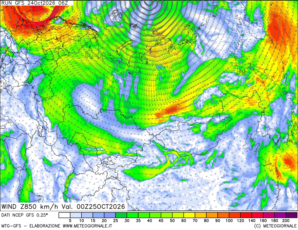 mappa 850 hPa Vento forza e direzione
