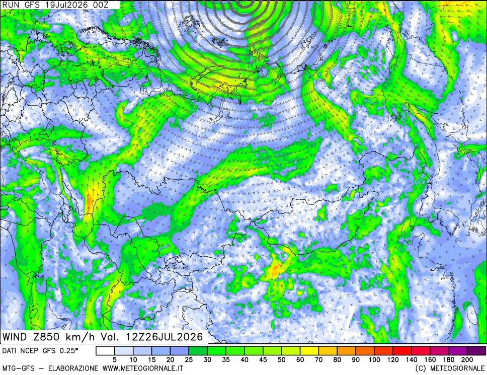 mappa 850 hPa Vento forza e direzione