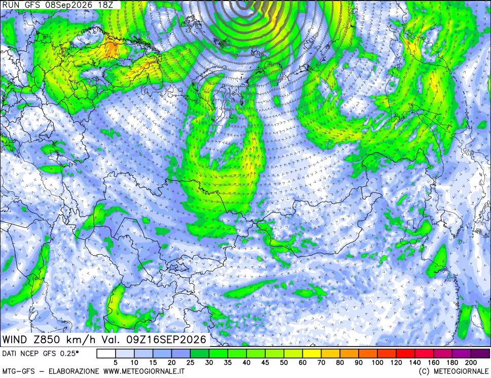 mappa 850 hPa Vento forza e direzione