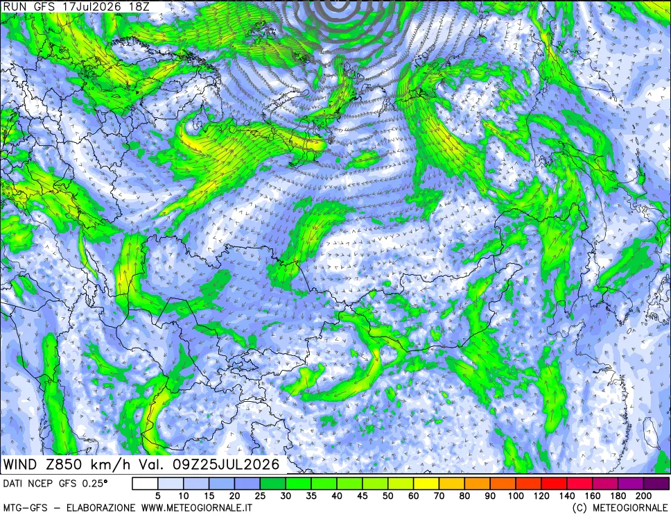 mappa 850 hPa Vento forza e direzione