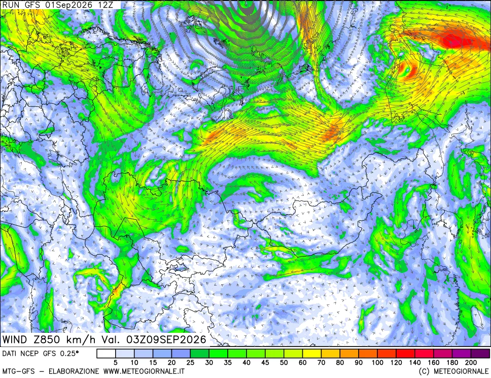 mappa 850 hPa Vento forza e direzione