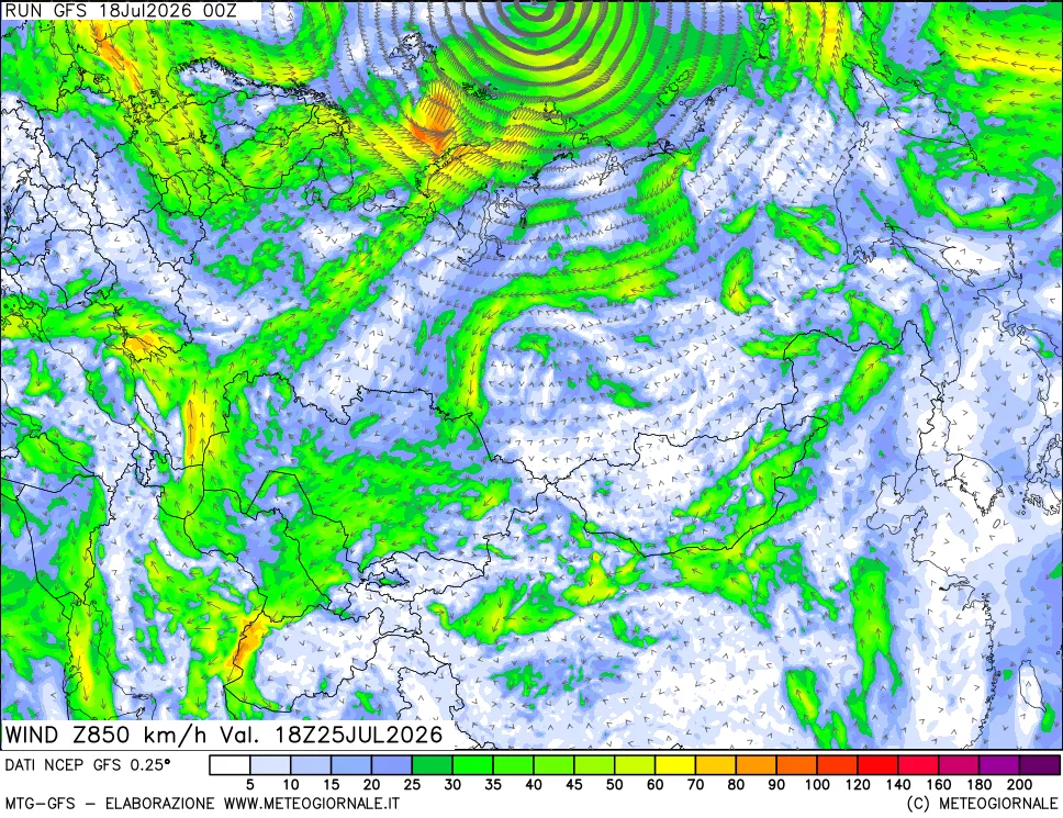 mappa 850 hPa Vento forza e direzione