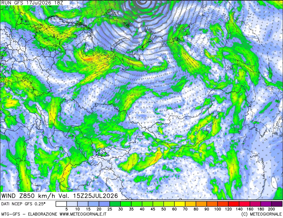 mappa 850 hPa Vento forza e direzione