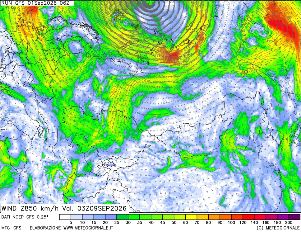 mappa 850 hPa Vento forza e direzione