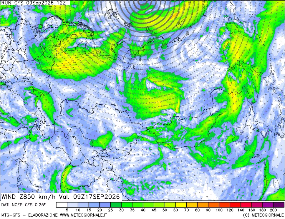 mappa 850 hPa Vento forza e direzione