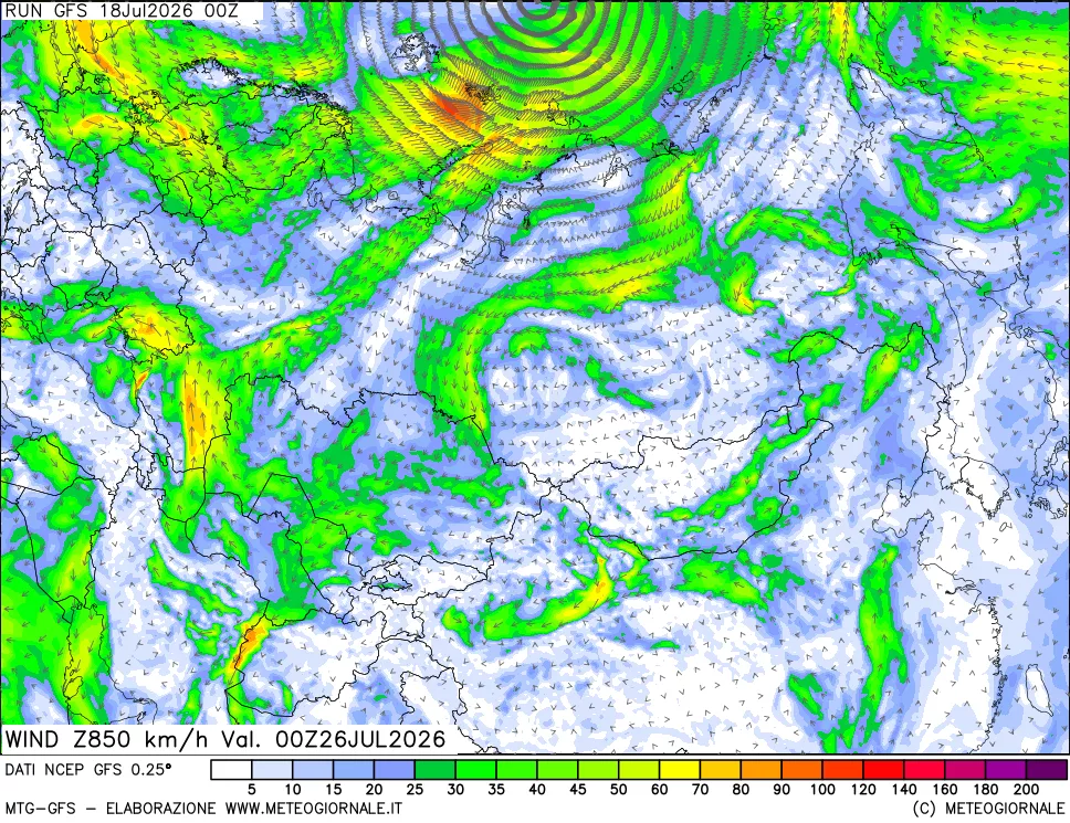 mappa 850 hPa Vento forza e direzione