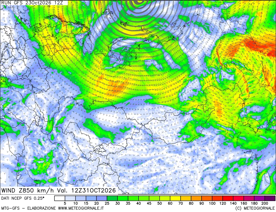 mappa 850 hPa Vento forza e direzione
