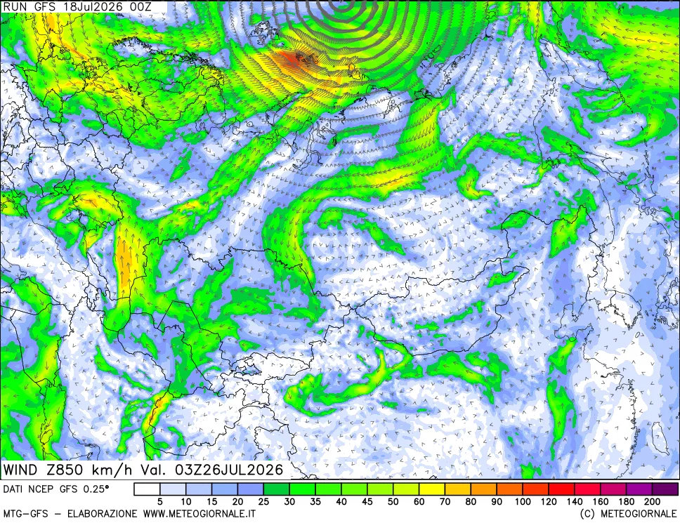mappa 850 hPa Vento forza e direzione