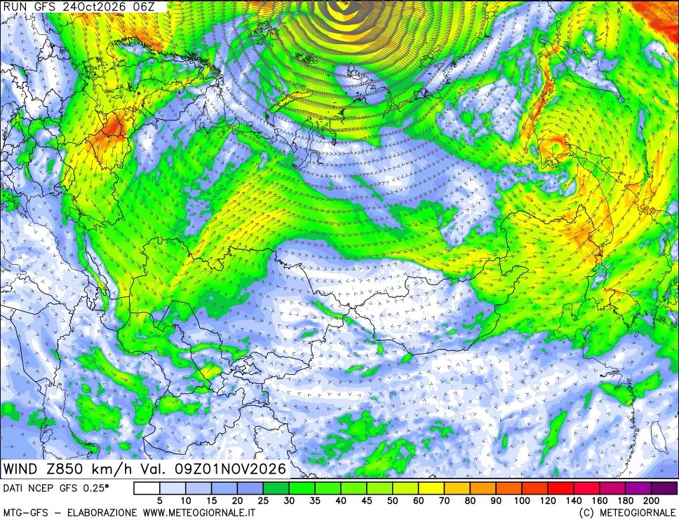 mappa 850 hPa Vento forza e direzione