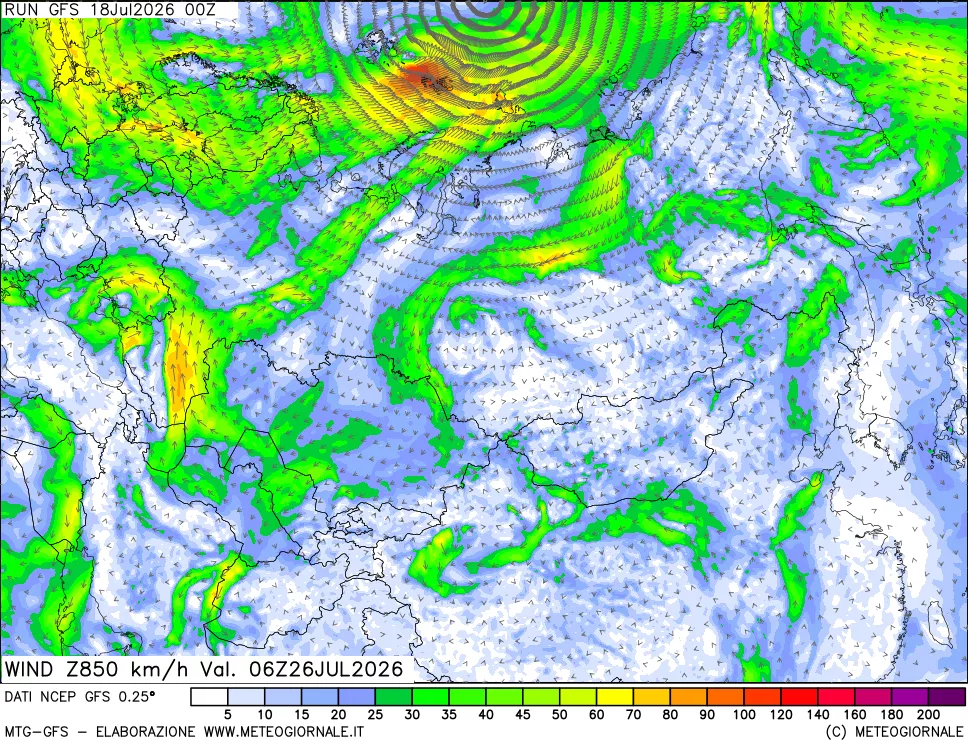 mappa 850 hPa Vento forza e direzione
