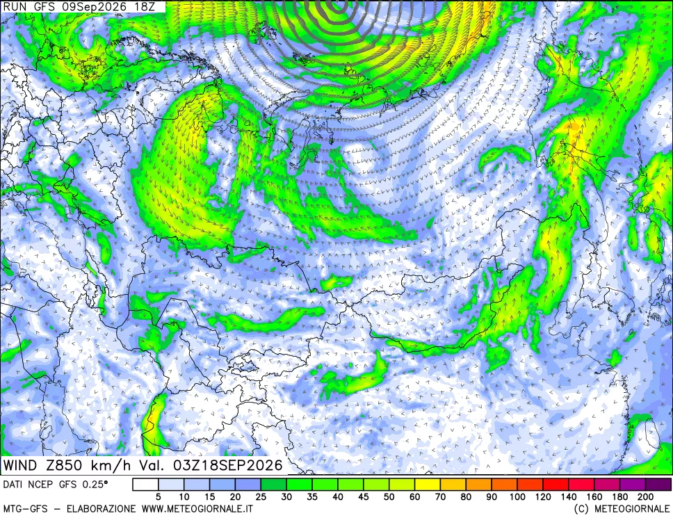 mappa 850 hPa Vento forza e direzione