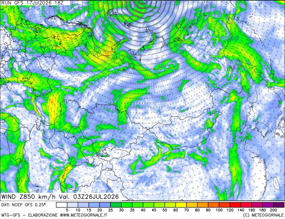 mappa 850 hPa Vento forza e direzione