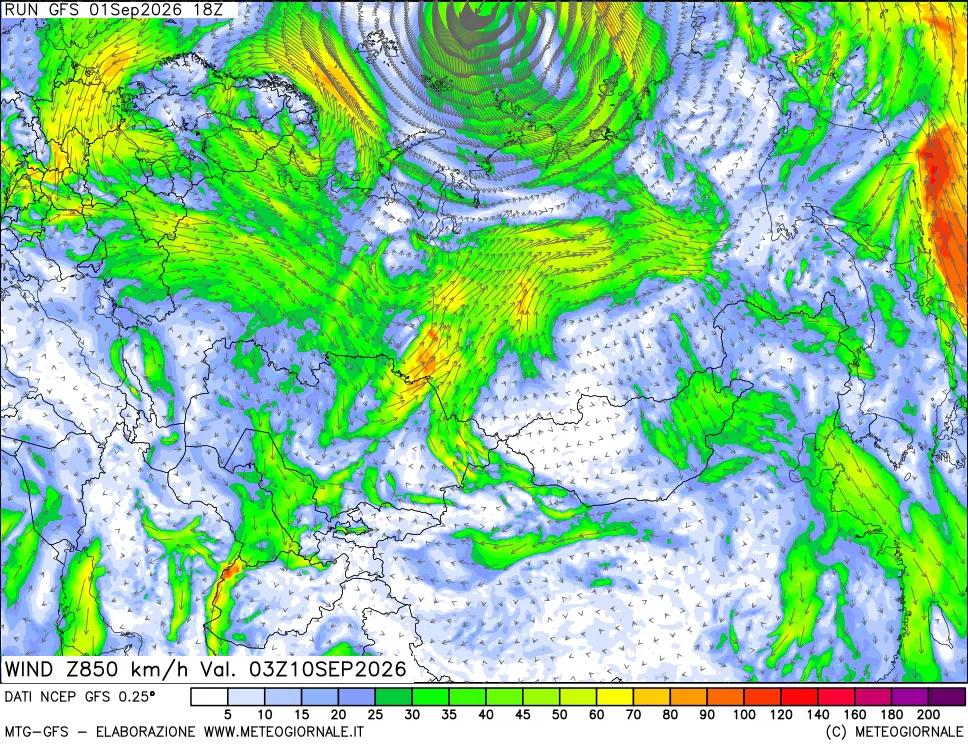mappa 850 hPa Vento forza e direzione