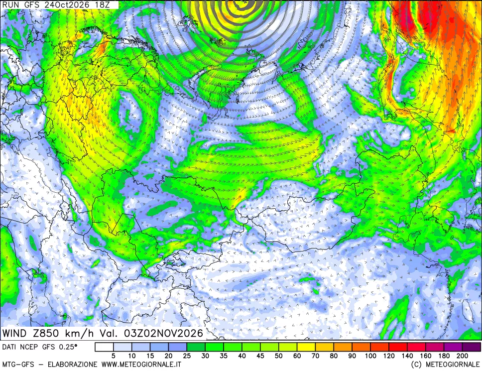 mappa 850 hPa Vento forza e direzione