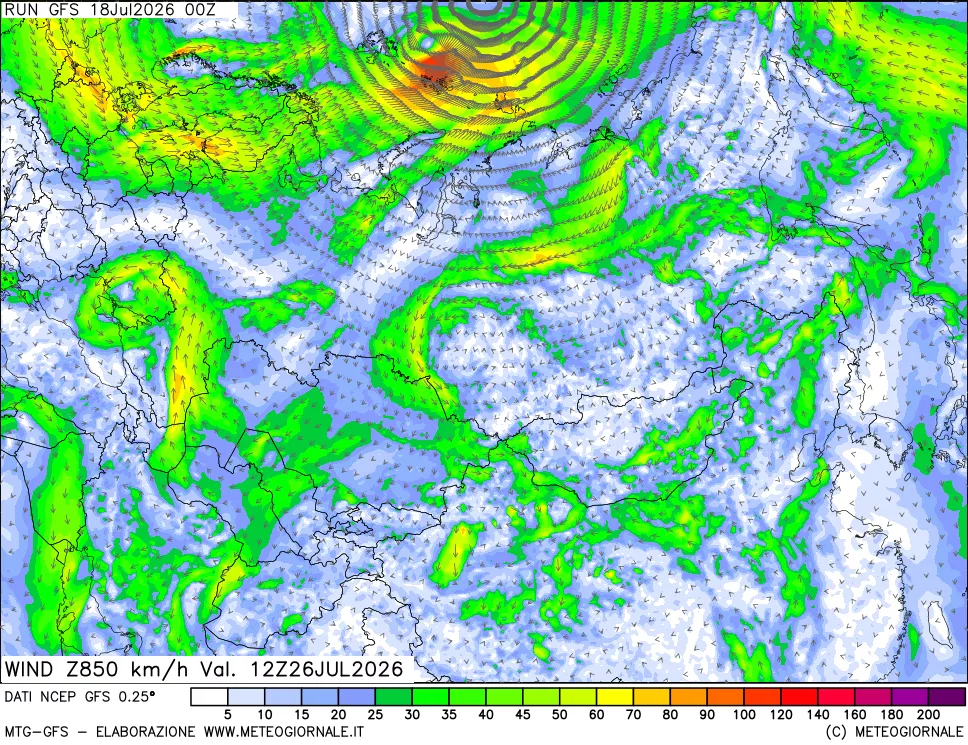 mappa 850 hPa Vento forza e direzione