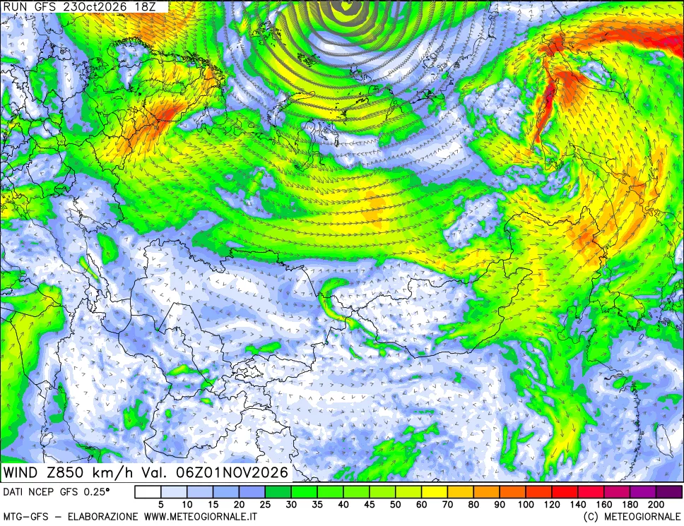 mappa 850 hPa Vento forza e direzione