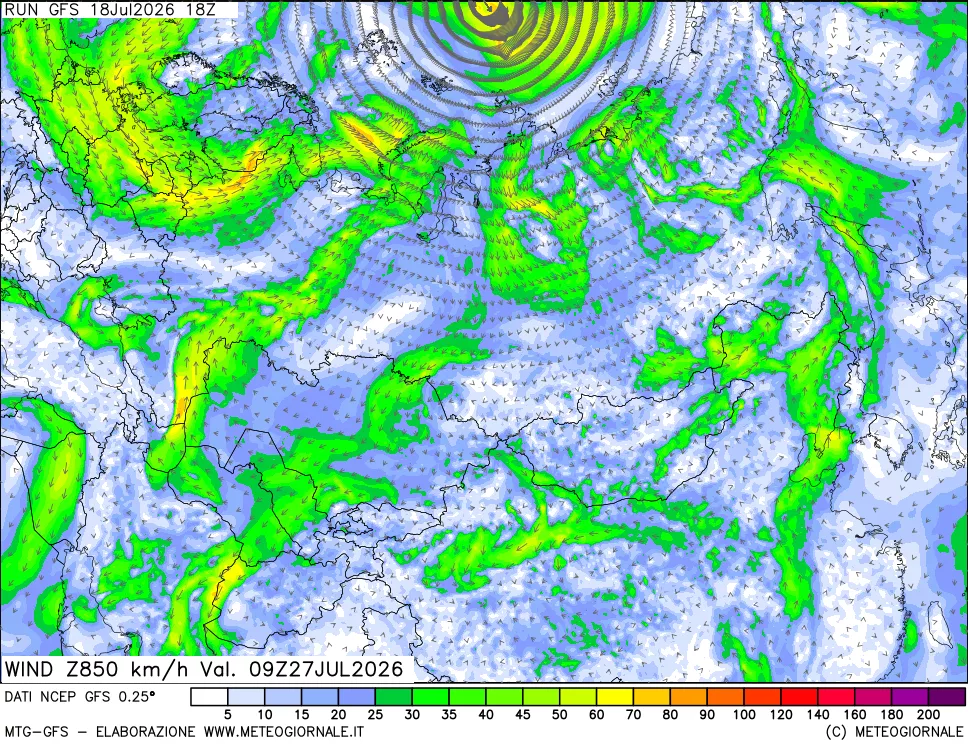 mappa 850 hPa Vento forza e direzione