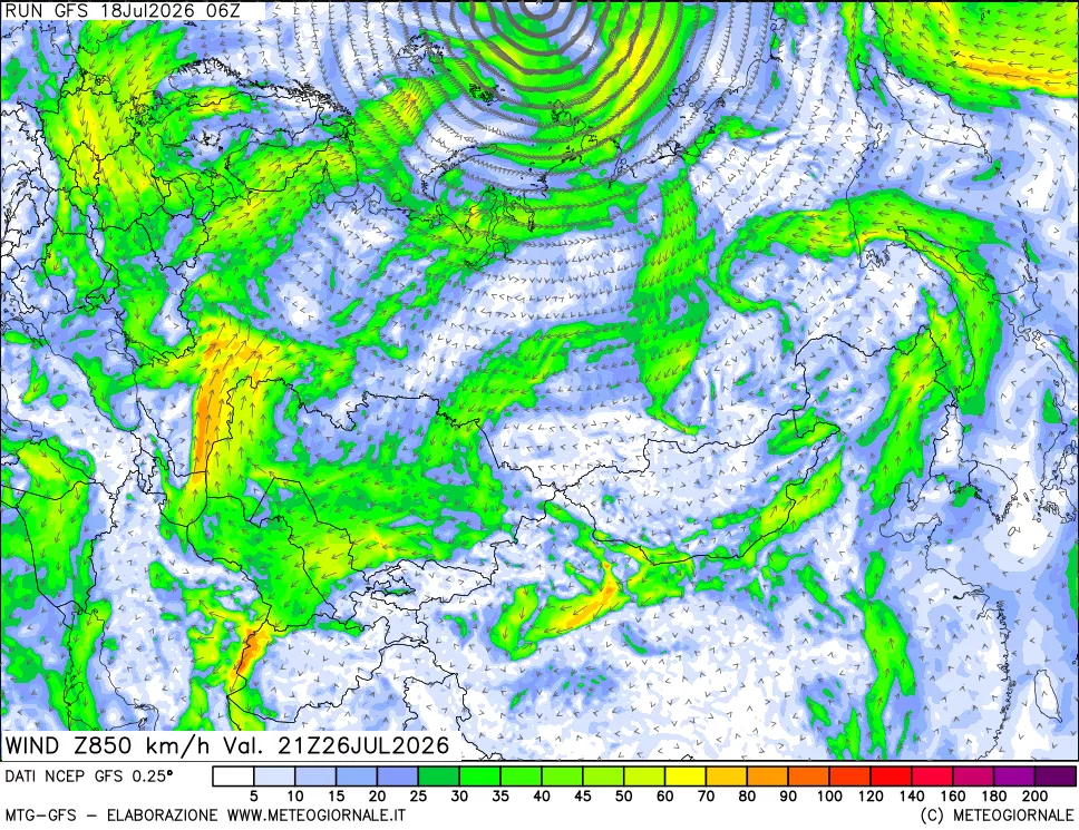 mappa 850 hPa Vento forza e direzione