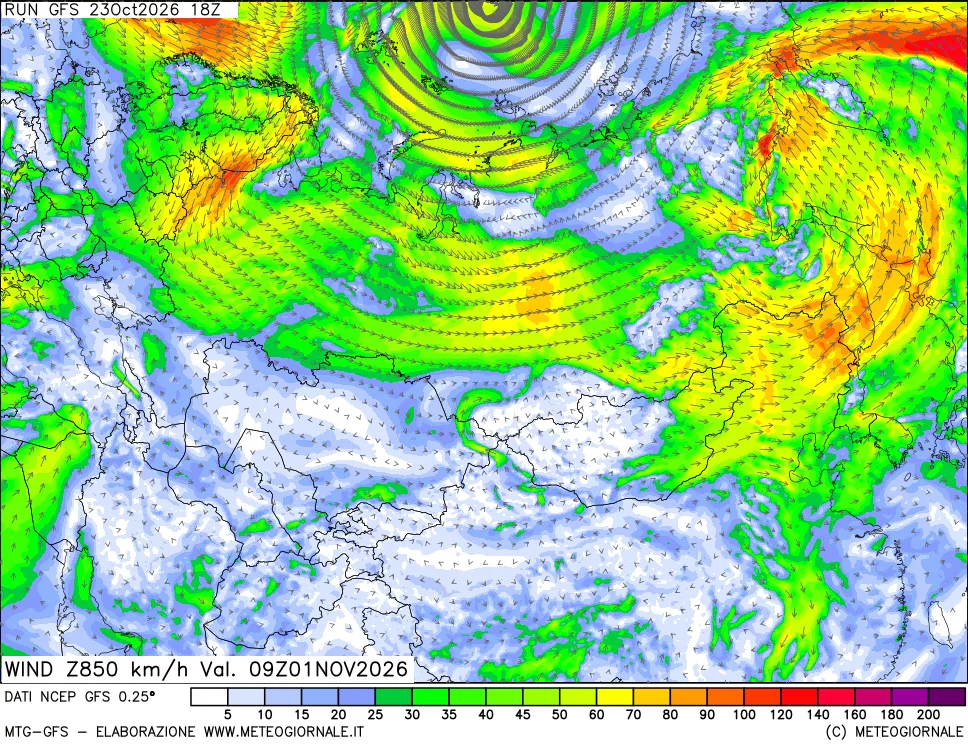 mappa 850 hPa Vento forza e direzione