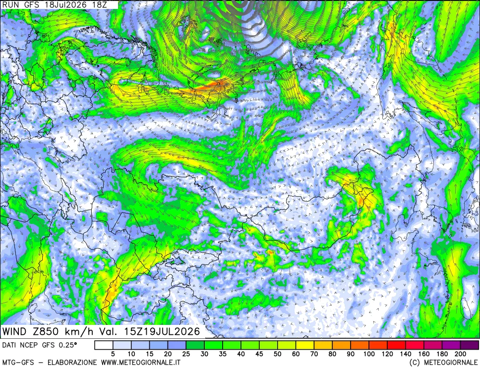 mappa 850 hPa Vento forza e direzione