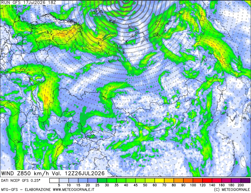 mappa 850 hPa Vento forza e direzione