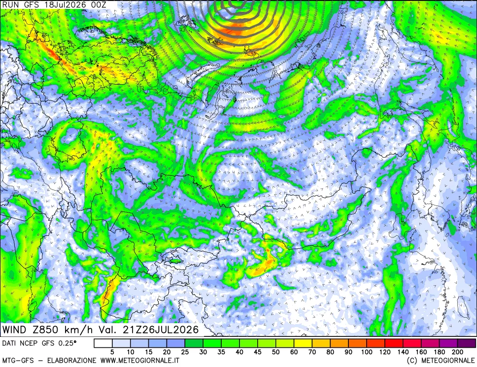 mappa 850 hPa Vento forza e direzione
