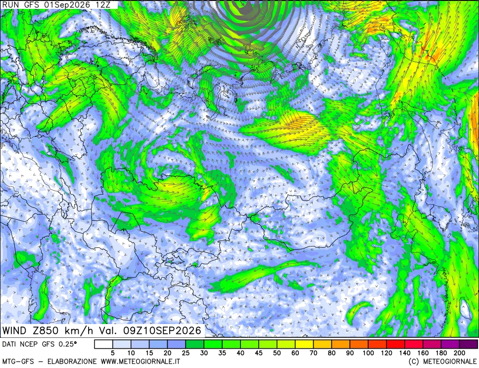 mappa 850 hPa Vento forza e direzione