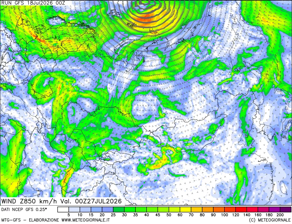 mappa 850 hPa Vento forza e direzione