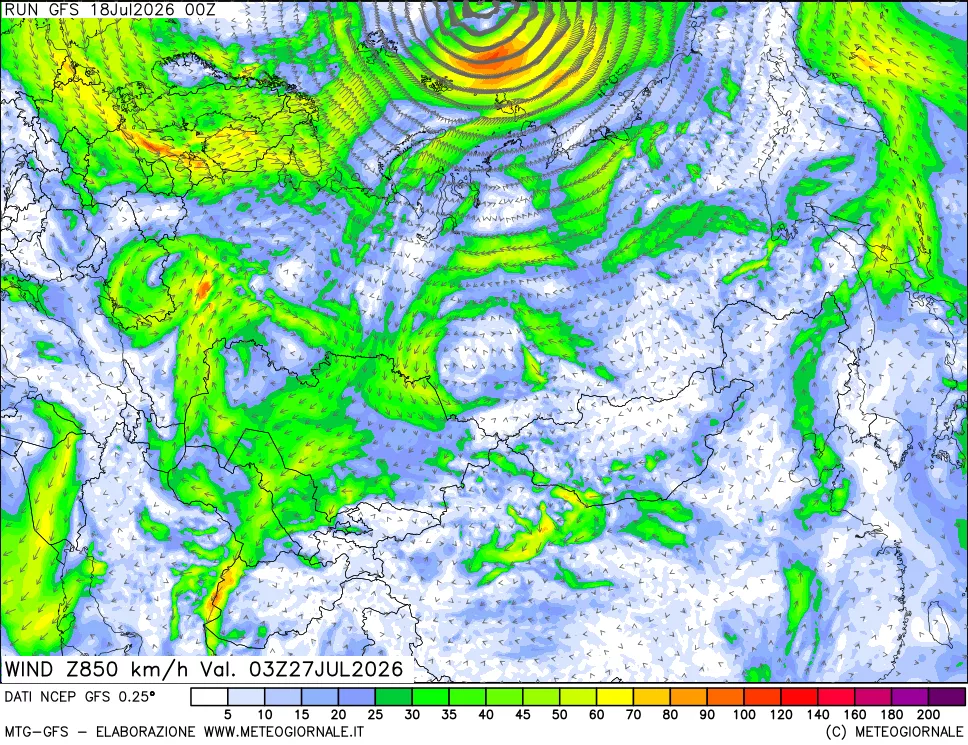 mappa 850 hPa Vento forza e direzione