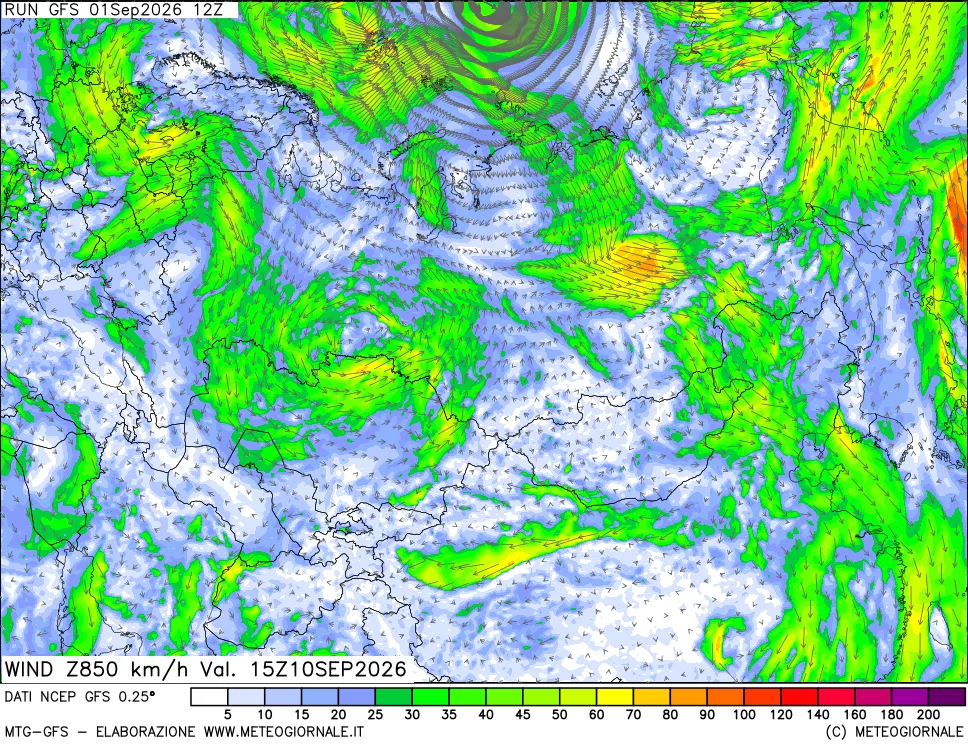 mappa 850 hPa Vento forza e direzione