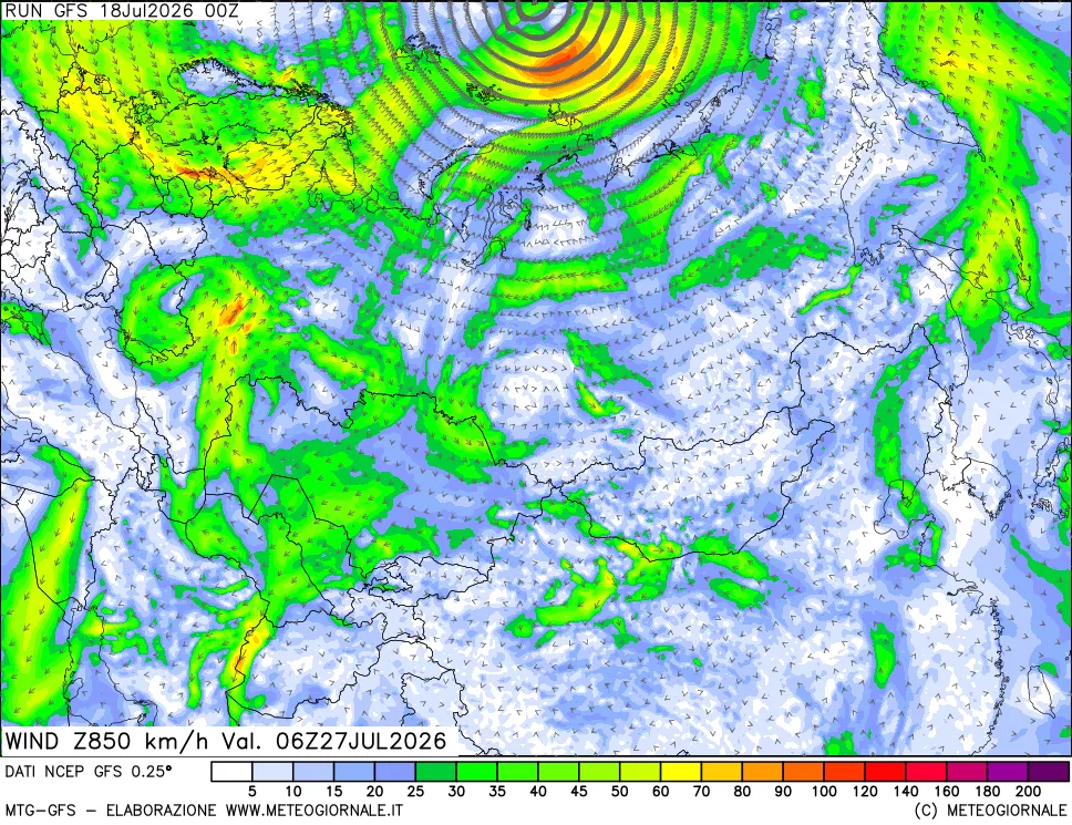 mappa 850 hPa Vento forza e direzione