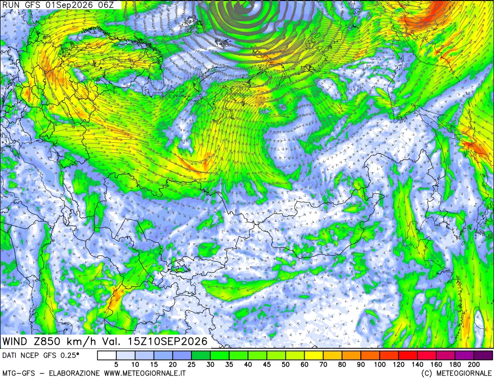 mappa 850 hPa Vento forza e direzione