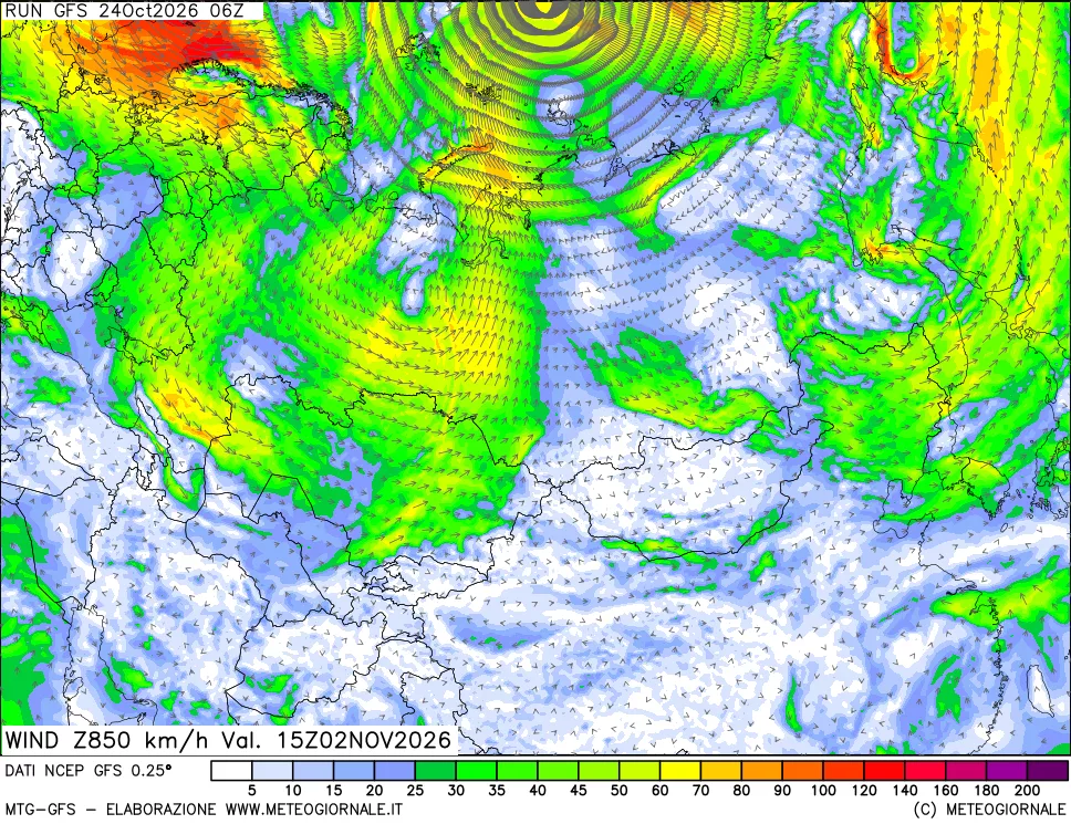 mappa 850 hPa Vento forza e direzione