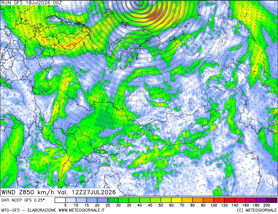 mappa 850 hPa Vento forza e direzione