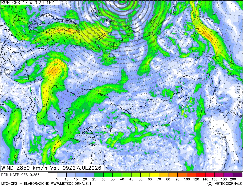 mappa 850 hPa Vento forza e direzione